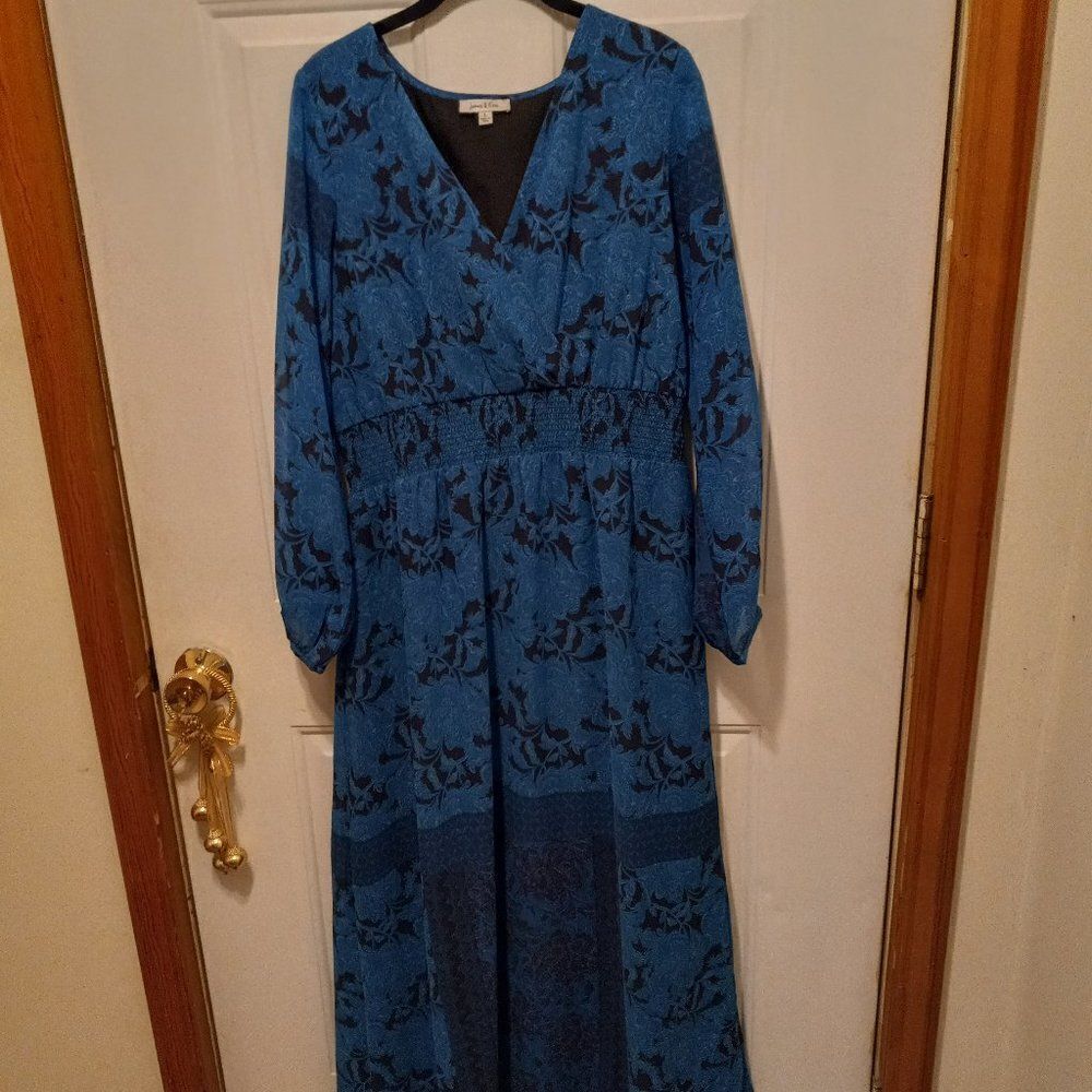 James & Erin Blue and Black Floral Maxi Dress Sheer Sleeves